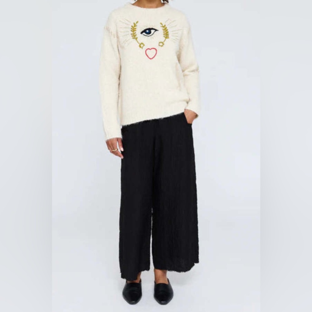 Cream Alpaca Blend Evil Eye Embroidered Jumper Third Eye Heart Artsy Boho, 0